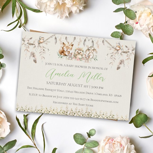 Boho Woodland Critters Invitación a Baby Shower (Boho Forest Baby Woodland Animals Baby Shower Invitation)