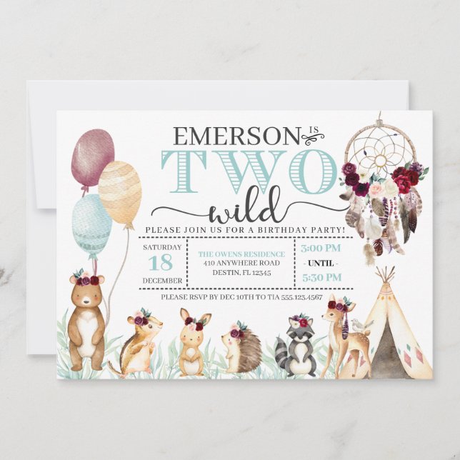 Boho Woodland Dos salvajes invitaciones de cumplea (Anverso)