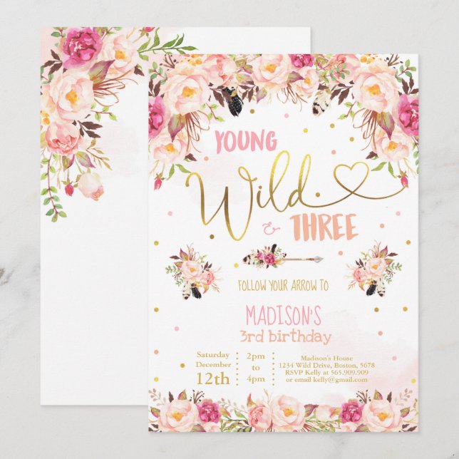 Boho Young Wild Y Invitación De Tres Cumpleaños (Anverso / Reverso)