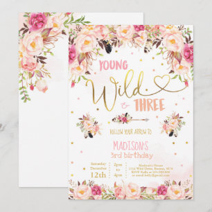 Boho Young Wild Y Invitación De Tres Cumpleaños
