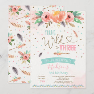 Boho Young Wild Y Invitación De Tres Cumpleaños
