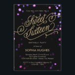 Bokeh Glam Faux Gold Sweet Dieciséis Invitaciones<br><div class="desc">Las brillantes lámparas de confeti bokeh brillan en rosa translúcido, morado y azul como telón de fondo de esta fabulosa y glamorosa y dulce invitación a la fiesta de cumpleaños dieciséis, con un lujoso marcador de la hoja de oro que escribe "Sweet Sixteen" en un guión digno de princesa. Por...</div>