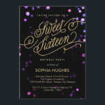 Bokeh Glam Faux Gold Sweet Dieciséis Invitaciones<br><div class="desc">Las brillantes lámparas de confeti bokeh brillan en rosa translúcido, morado y azul como telón de fondo de esta fabulosa y glamorosa y dulce invitación a la fiesta de cumpleaños dieciséis, con un lujoso marcador de la hoja de oro que escribe "Sweet Sixteen" en un guión digno de princesa. Por...</div>