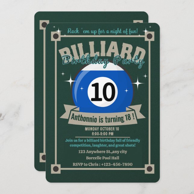 Bola de billar con invitación a billar fiesta de c (Anverso / Reverso)