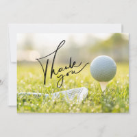 Bola de golf y hierro en tarjeta de agradecimiento