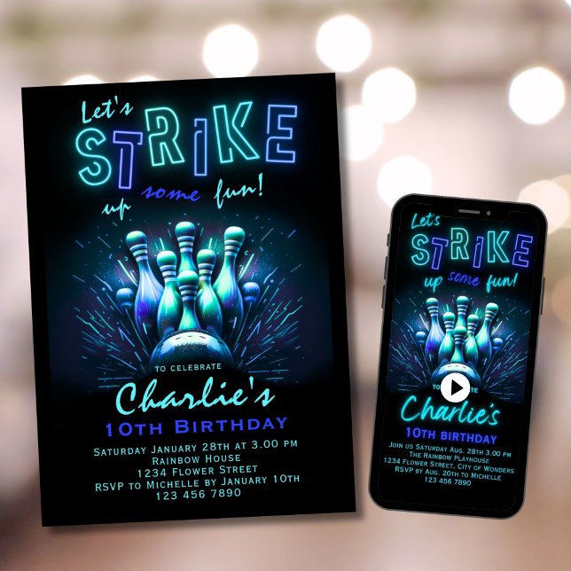 Bola de la invitación de cumpleaños Boys Blue Neon (Subido por el creador)
