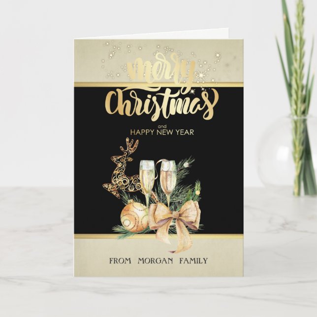Bola de Navidad de oro, copa de vino, reno, lazo (Anverso)