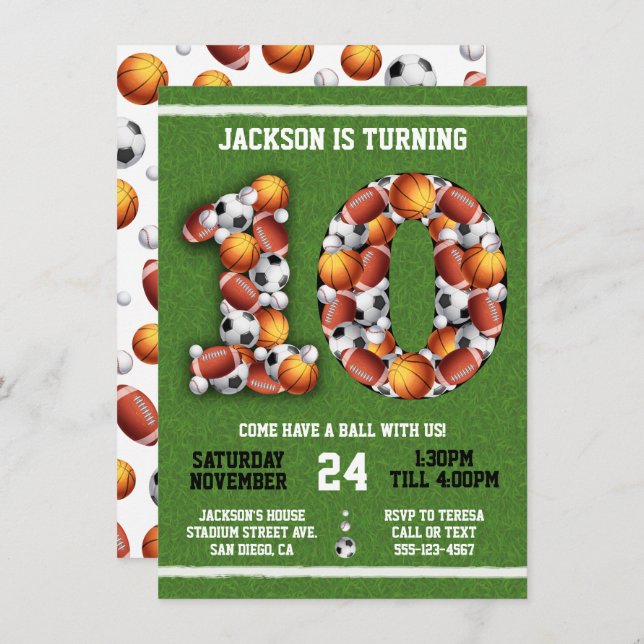 Bolas con temas deportivos 10.ª invitación a fiest (Anverso / Reverso)