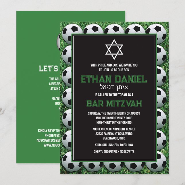 Bolas de fútbol en la invitación Mitzvah Bar (Anverso / Reverso)