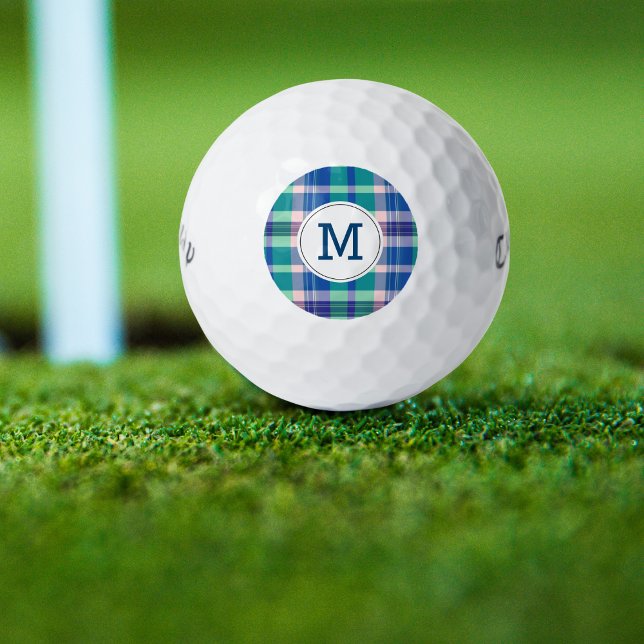Bolas de golf monogramadas Preppy PInk Blue Plaid (Subido por el creador)