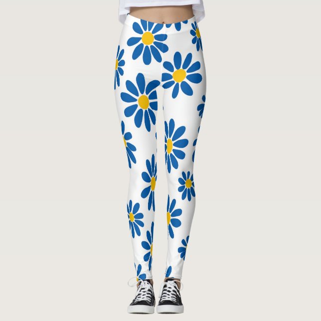 Bold Blue Daisy Floral Print Leggings (Anverso)