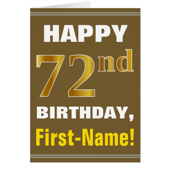 Bold, Brown, Faux Gold 72 cumpleaños con tarjeta d (Frente)