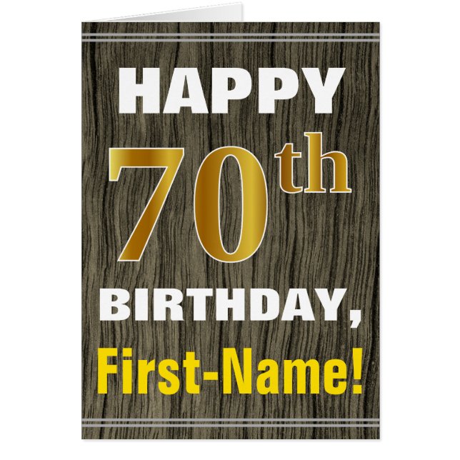 Bold, Faux Wood, Faux Gold 70th Birthday + Name (Frente)