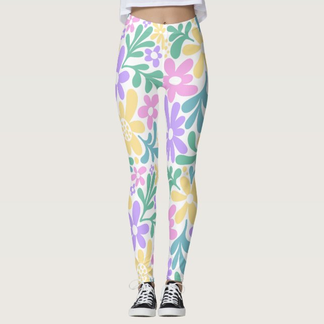 Bold Pastel Retro Floral Leggings (Anverso)
