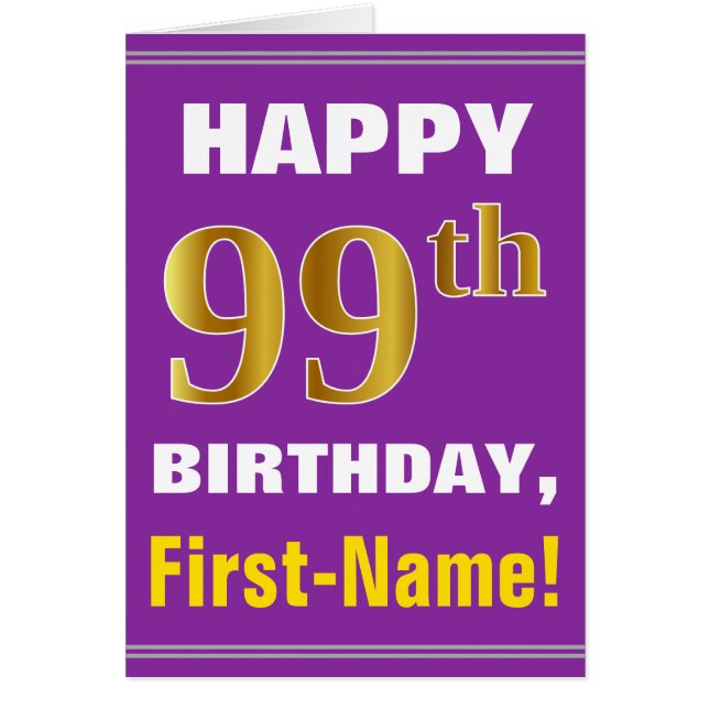 Bold, Purple, Faux Gold 99th Birthday w/ Name Card (Frente)