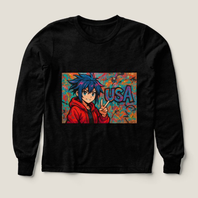Bold Red Anime USA Graphic T-Shirt (Diseño frontal)