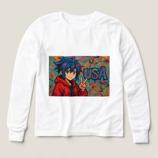 Bold Red Anime USA Graphic T-Shirt (Diseño frontal)
