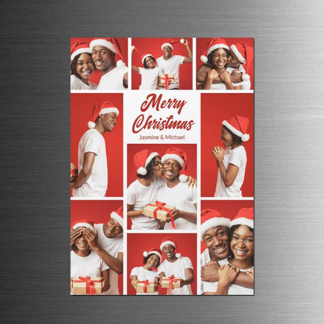 Bold Red Merry Christmas Photo Collage Magnet Card (Subido por el creador)