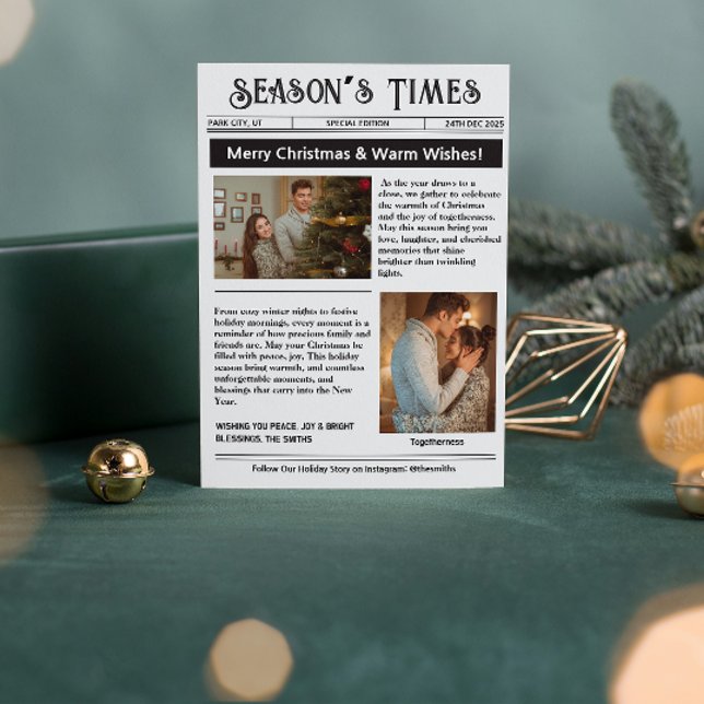 Boletín Colaje de Fotos de Archivo de Navidad (what a year christmas cards modern photo collage year in review black and white family newsletter)