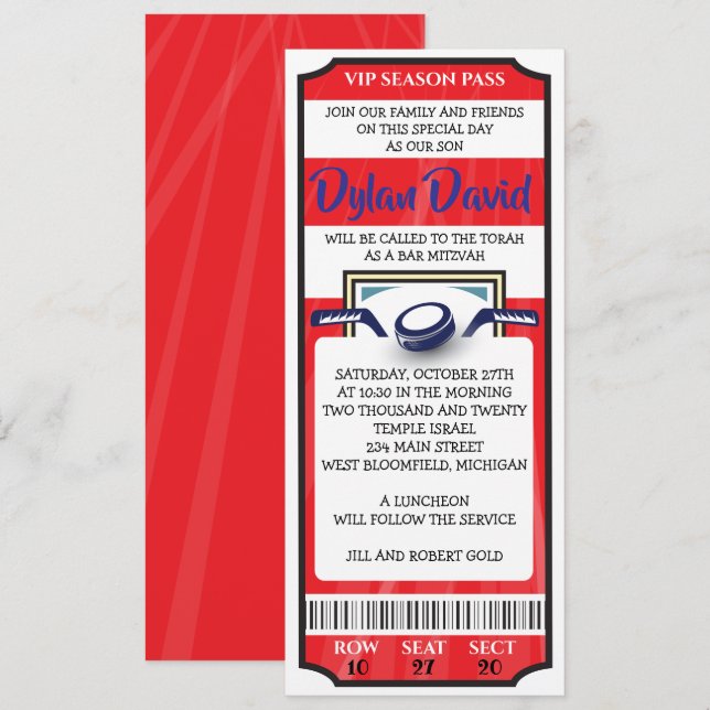 BOLETO DE HOCKEY EN ROJO Invitación Bar Mitzvah Ba (Anverso / Reverso)