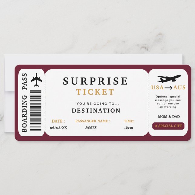 Boleto de viaje sorpresa Pasaje de avión Tarjeta d (Anverso)