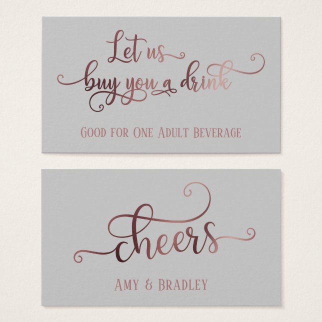 Boletos de Bebida | Rose Gold Script y Gris Editab (Anverso y reverso)