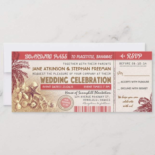 boletos para tarjetas de embarque de boda de palma (Anverso)