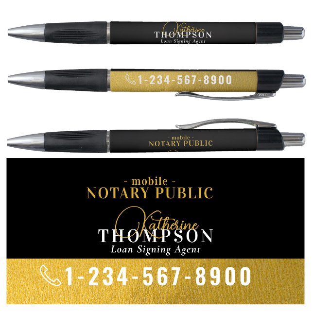 Bolígrafo Agente de Firma Notarial Número de Teléfono Dorado (Notary Signing Agent Gold Black Phone Number Pen)