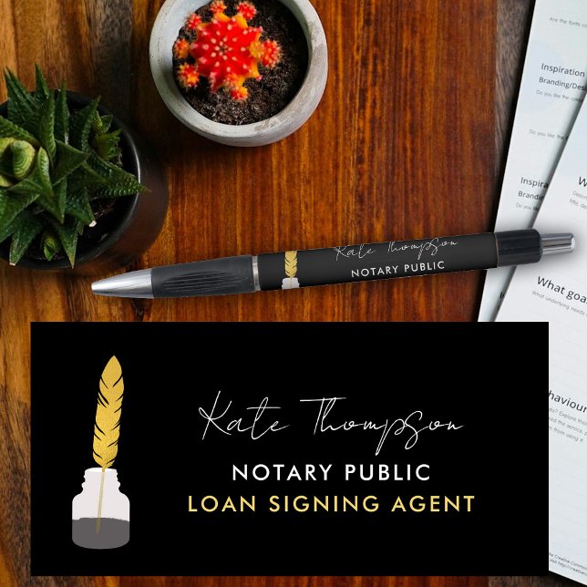 Bolígrafo Agente de Firma Notarial Pluma de Ave Negra Dorada (Notary Signing Agent Feather Quill Black Gold Pen)