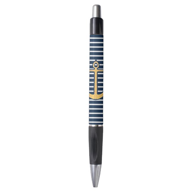 Bolígrafo Ancla náutica de las rayas de azules marinos (Frente vertical)