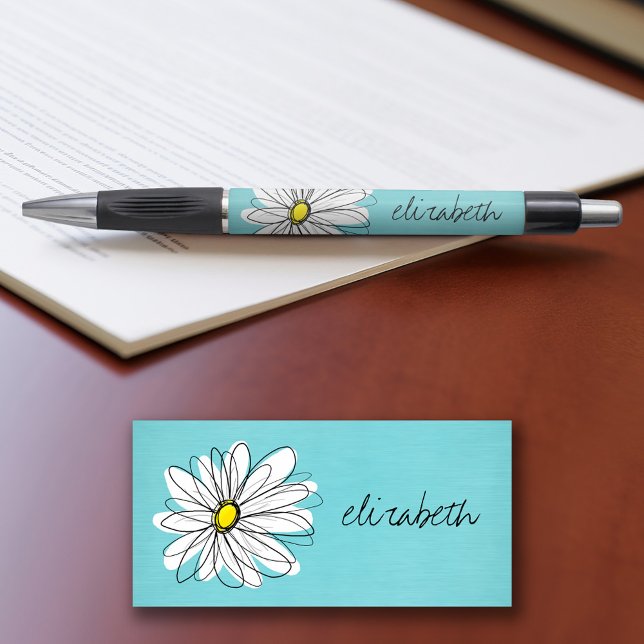 Bolígrafo Aqua y Yellow Whimsical Daisy Personalizado Textos (Personalized writing pens - add your name or other text)