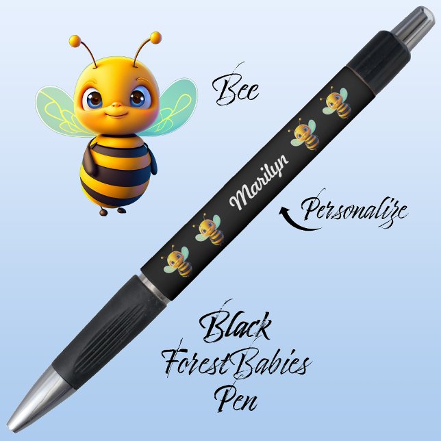 Bolígrafo Bumblebee, Bumble Bee School Stationery Black Ink (Cute Whimsical Bee Cartoon Graphic, Black Personalizable ForestBabies Pen 🐝)