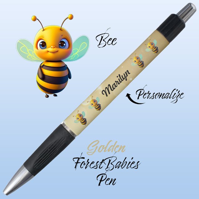 Bolígrafo Bumblebee, Cute Bee Design, Honeybee Golden 🐝 (Cute Whimsical Bee Cartoon Graphic, Gold Personalizable ForestBabies Pen 🐝)
