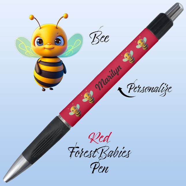 Bolígrafo Bumblebee, niños divertidos Personalizado de abeja (Cute Whimsical Bee Cartoon Graphic, Red Personalizable ForestBabies Pen 🐝)
