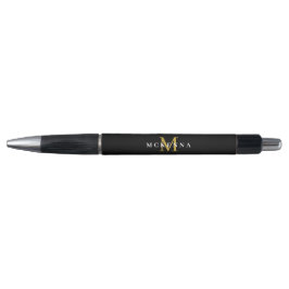 Bolígrafo Clásico Monograma Negro Oro Elegante Nombre Inicia