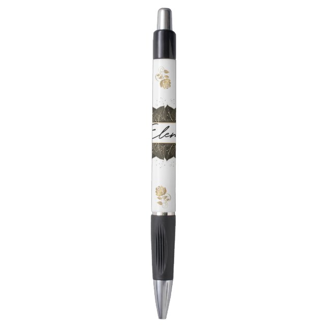 Bolígrafo  con flores doradas  personalizada (Frente vertical)