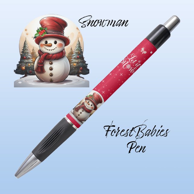 Bolígrafo Cute Snowman Top Hat Let it Snow Red Character ⛄️ (Winter Holiday Season Snowman with Christmas Trees, Let it Snow, sparkle red ForestBabies Xmas pen⛄️)