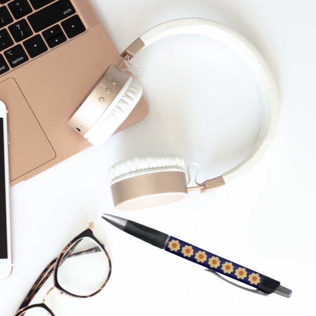 Bolígrafo Dalia amarilla en patrón floral azul (In Situ)