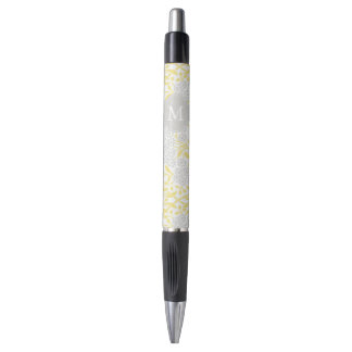 Bolígrafo Damasco floral gris amarillo monogramado