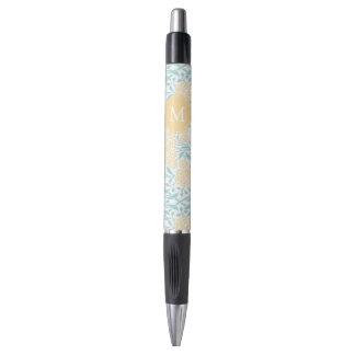Bolígrafo Damasco floral monogramado amarillo y blanco