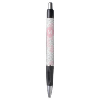 Bolígrafo Damasco floral rosa y gris monogramado