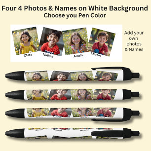 Bolígrafo De Tinta Azul Cuatro fotos y nombres cuadrados, en blanco sobre 