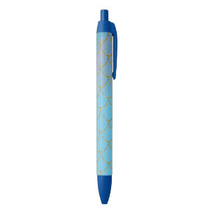 Bolígrafo De Tinta Azul Escamas de Sirena con Brillo Irisado Azul y Dorado