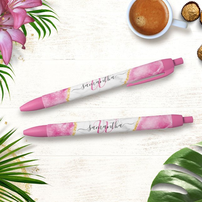 Bolígrafo De Tinta Azul Mármol blanco rosado de Glam monogramado elegante (Subido por el creador)