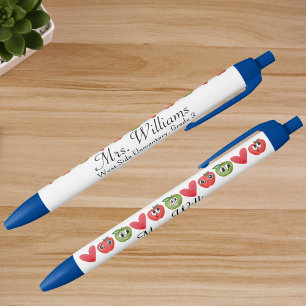 Bolígrafo De Tinta Azul Nombre Escuela, Manzana Roja Personalizada Agradec