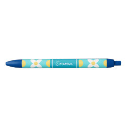 Bolígrafo De Tinta Azul Patrón floral azul turquesa retro