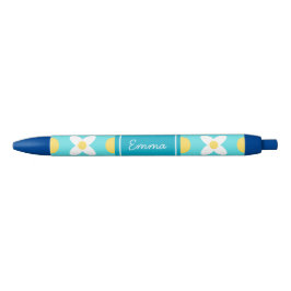 Bolígrafo De Tinta Azul Patrón floral azul turquesa retro