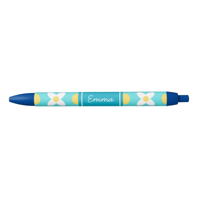 Bolígrafo De Tinta Azul Patrón floral azul turquesa retro (Anverso)