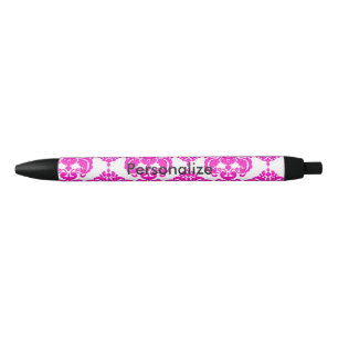 Bolígrafo De Tinta Azul Rosa Caliente y Damask Blanco Elegante Chic Person