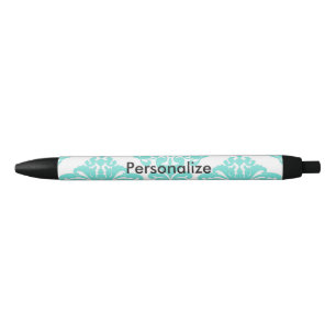 Bolígrafo De Tinta Azul Teal y negro damasco elegante personalizado chic